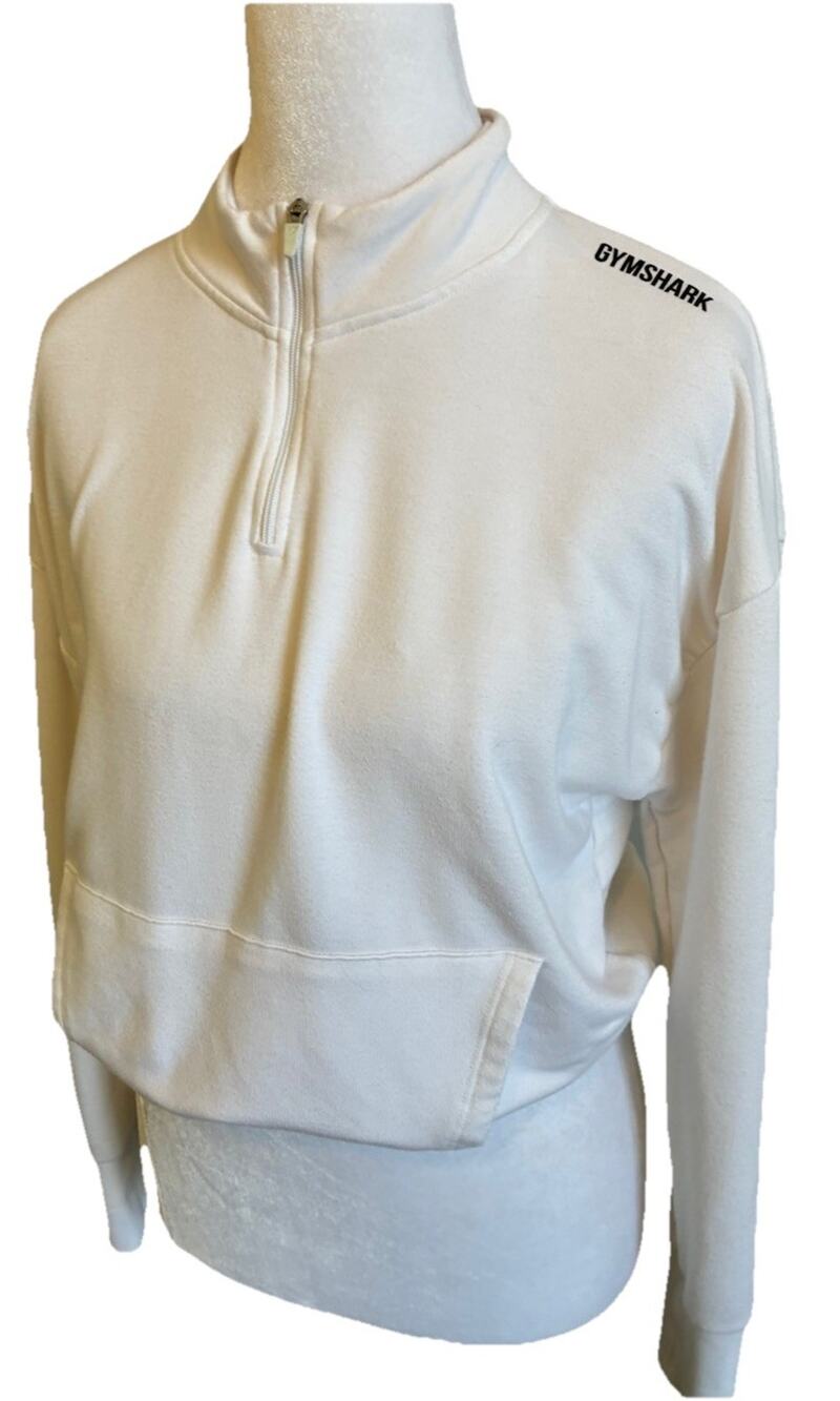 Gymshark Pullover White Sweatshirt Cropped Front Pocket 1/2 Zip Comfy Soft Gym L